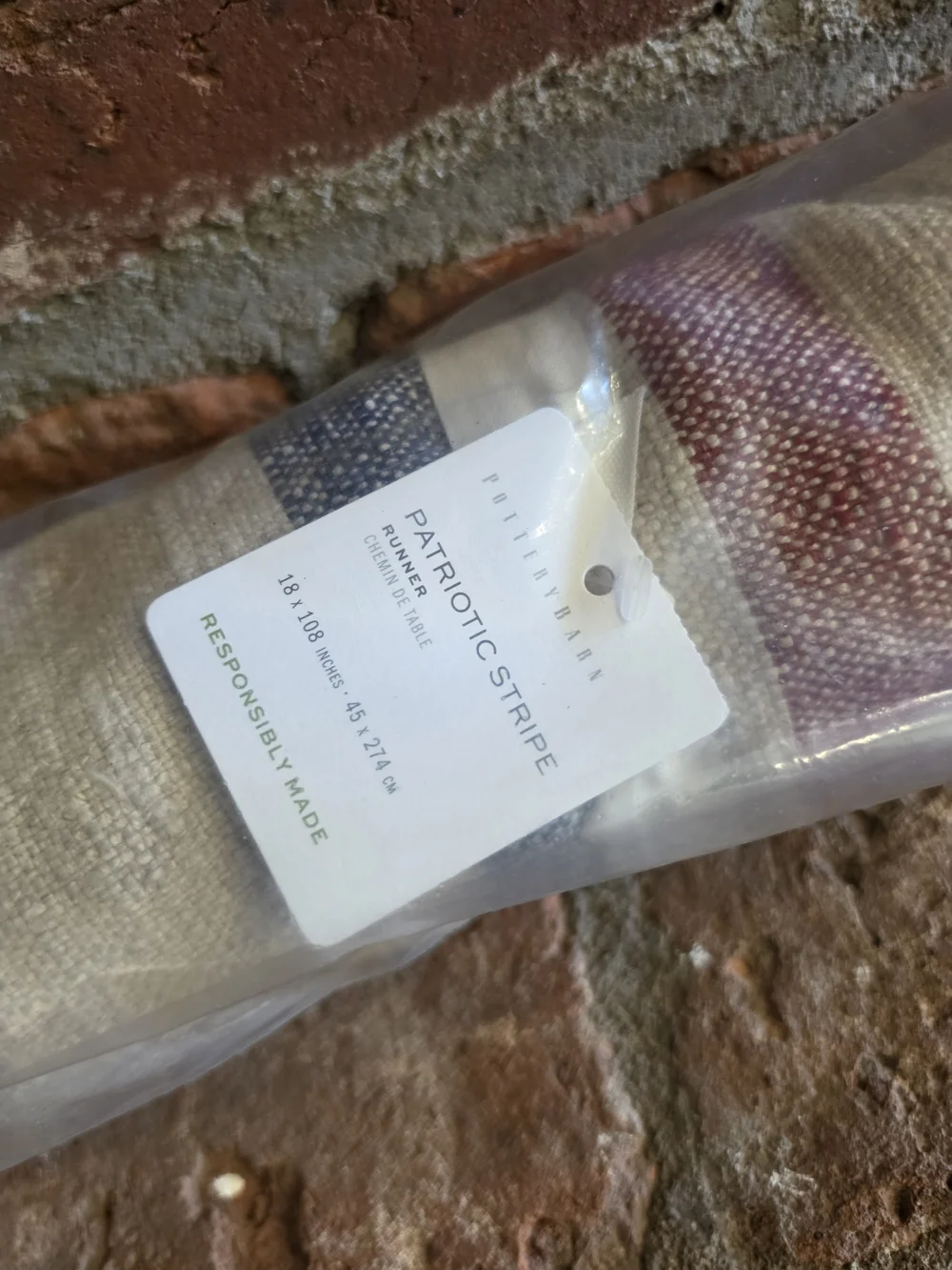Pottery Barn Neutral Cotton-Linen Runner with Red & Blue Stripes